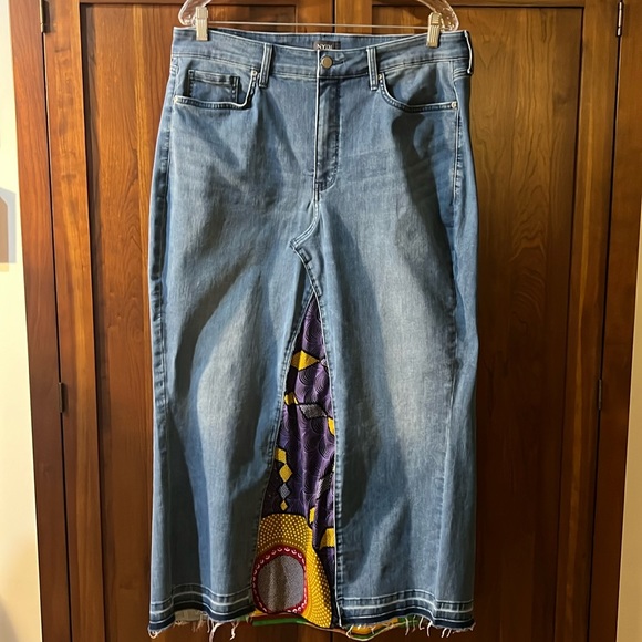 Upcycled Denim Patchwork Skirt with African Print - Picture 1 of 6